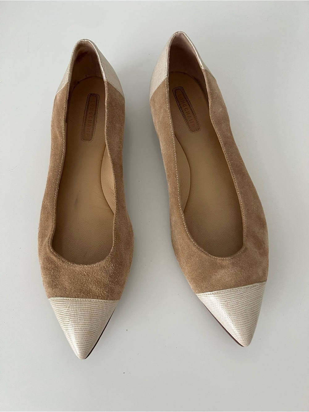 Longchamp Tan Suede Flats with Cream Pointed Toe